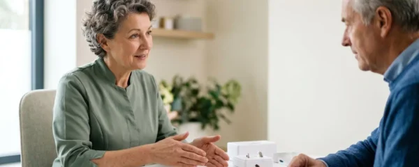 Professionnel de santé présentant des solutions auditives modernes à un patient dans un environnement médical lumineux