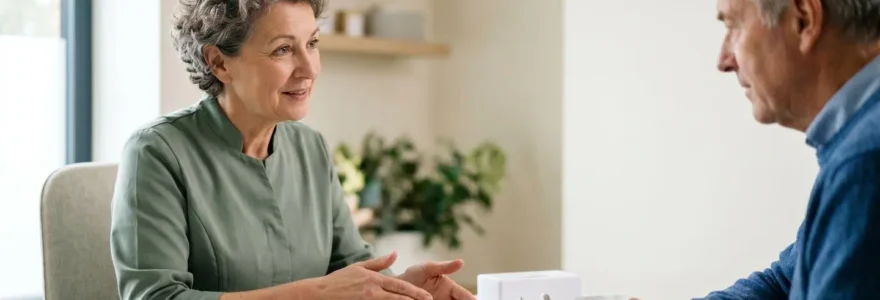 Professionnel de santé présentant des solutions auditives modernes à un patient dans un environnement médical lumineux