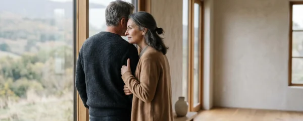 Couple regardant ensemble vers l'avenir avec sérénité, symbolisant la protection familiale