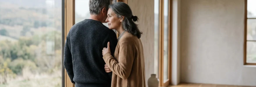 Couple regardant ensemble vers l'avenir avec sérénité, symbolisant la protection familiale