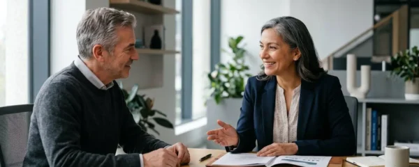 Professionnel en consultation patrimoniale lors d'un rendez-vous personnalisé