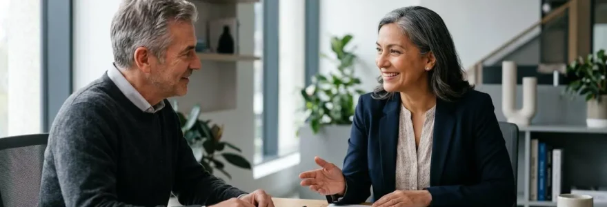 Professionnel en consultation patrimoniale lors d'un rendez-vous personnalisé