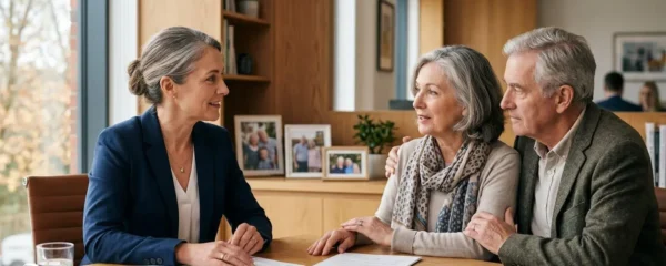 Consultation stratégique entre conseiller en gestion de patrimoine et famille pour planifier une succession