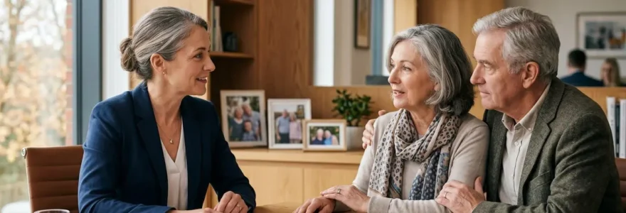 Consultation stratégique entre conseiller en gestion de patrimoine et famille pour planifier une succession