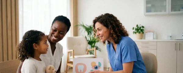 Famille consultant un professionnel de santé pour des soins optiques et dentaires