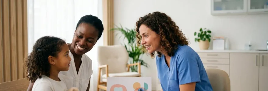 Famille consultant un professionnel de santé pour des soins optiques et dentaires